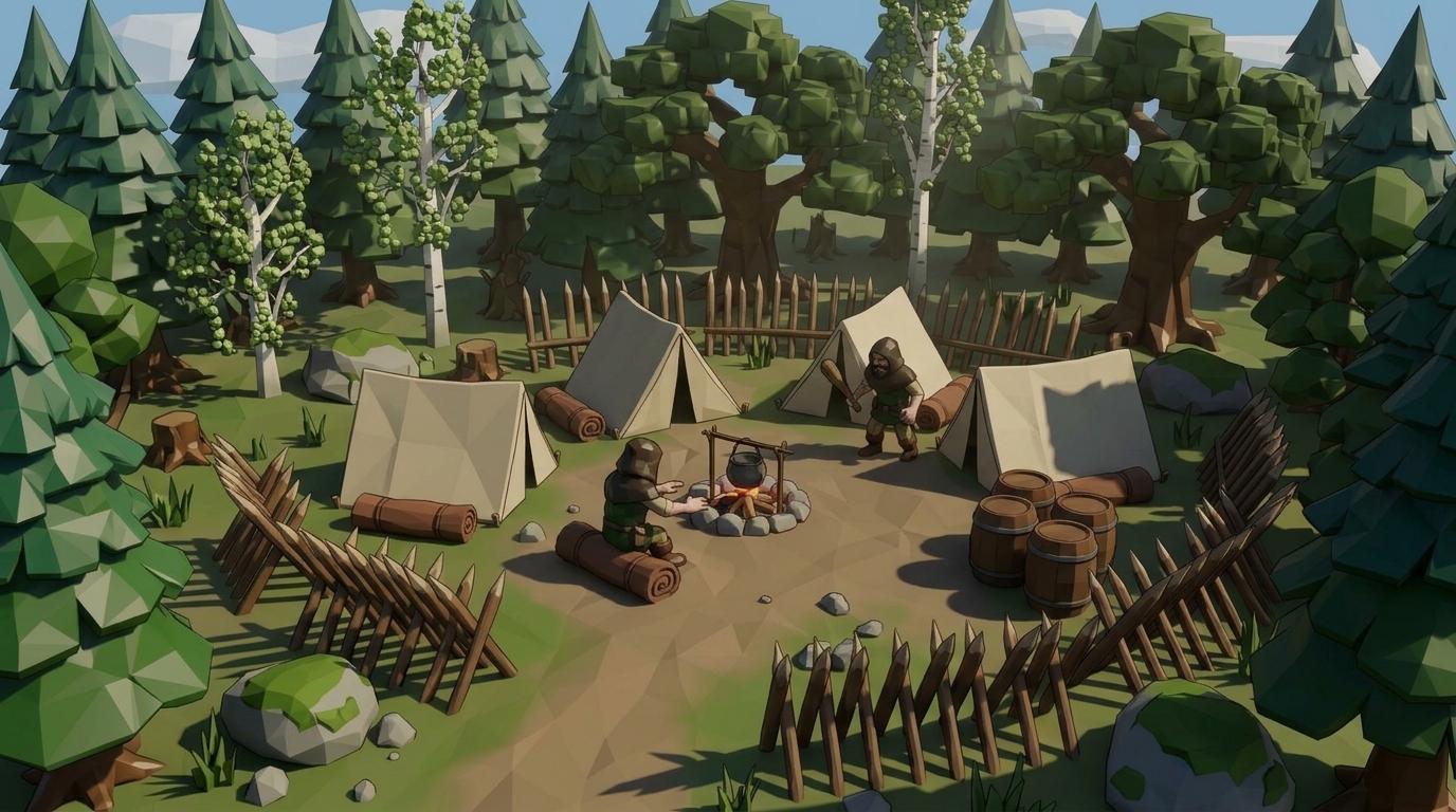 A raider camp in a forest clearing: canvas tents and bedrolls around a cooking fire, ringed by sharpened stakes, with two raiders by the fire.