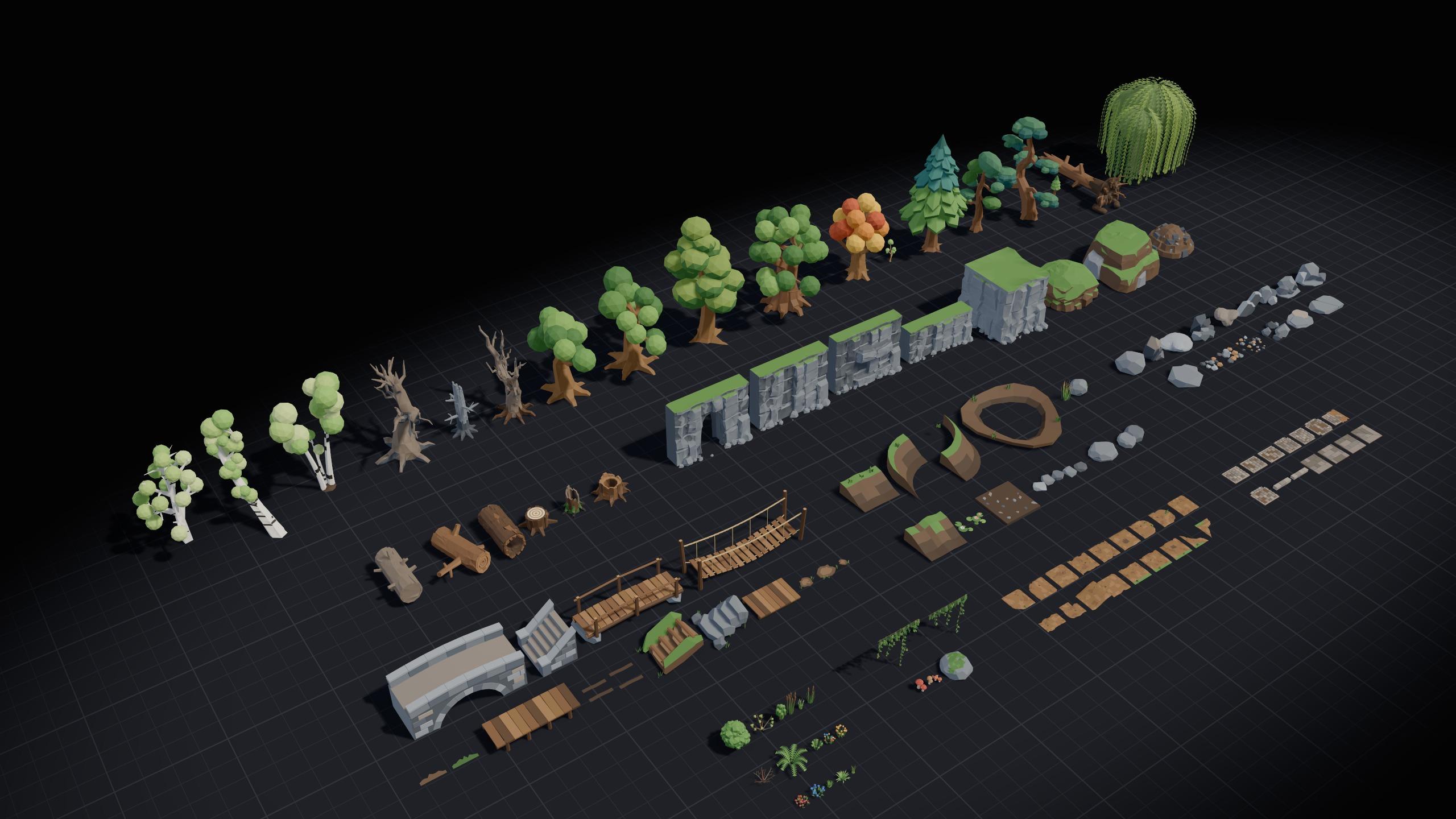 All 130 models standing in rows on a dark floor: trees at the back, then logs and cliffs, then bridges, river banks and rocks, and at the front small plants, dirt path tiles and cobbles.