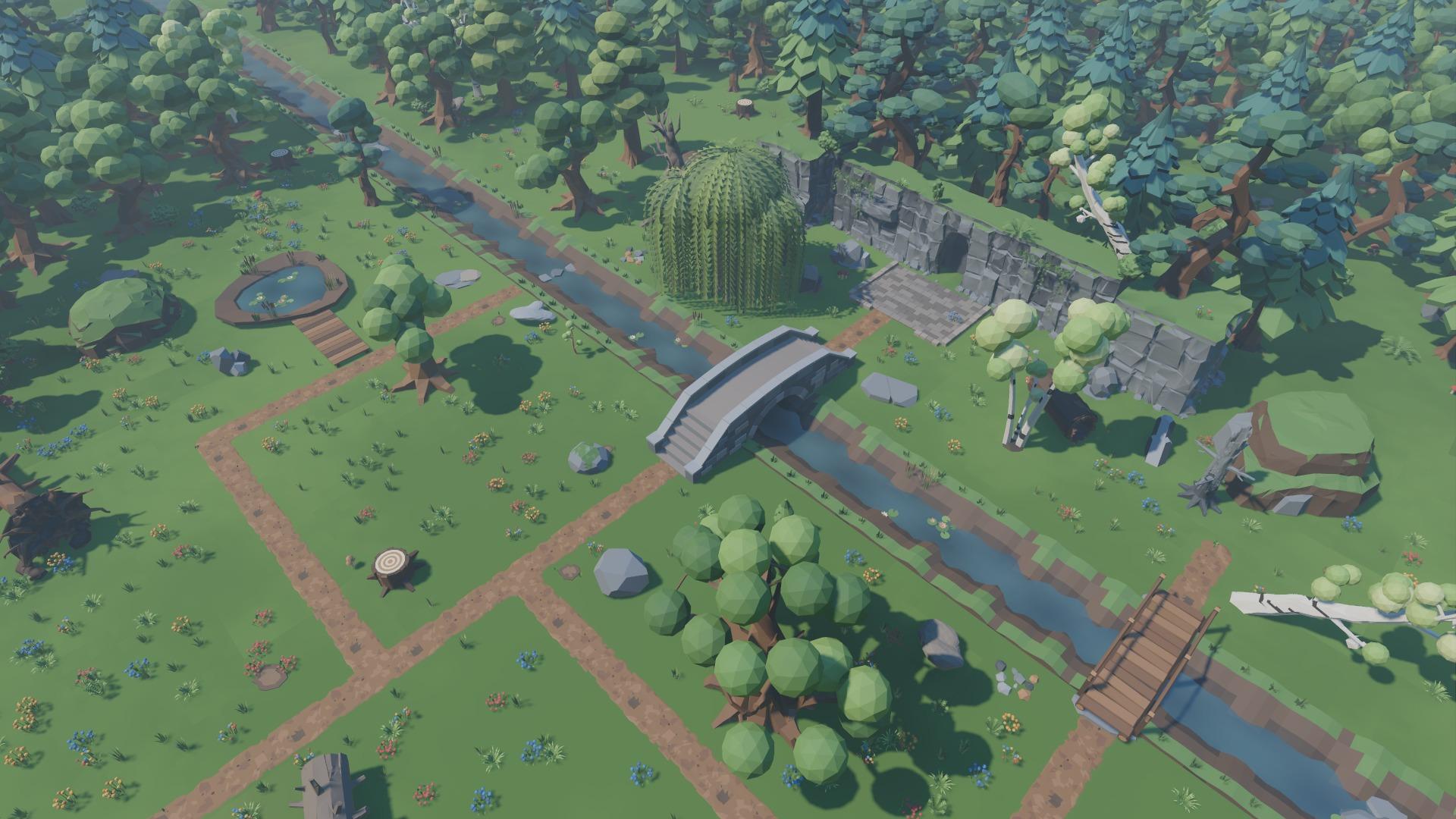 The whole clearing from above: dirt paths crossing a meadow, a stream with two bridges, a pond, a cliff with a cave, and forest all round.