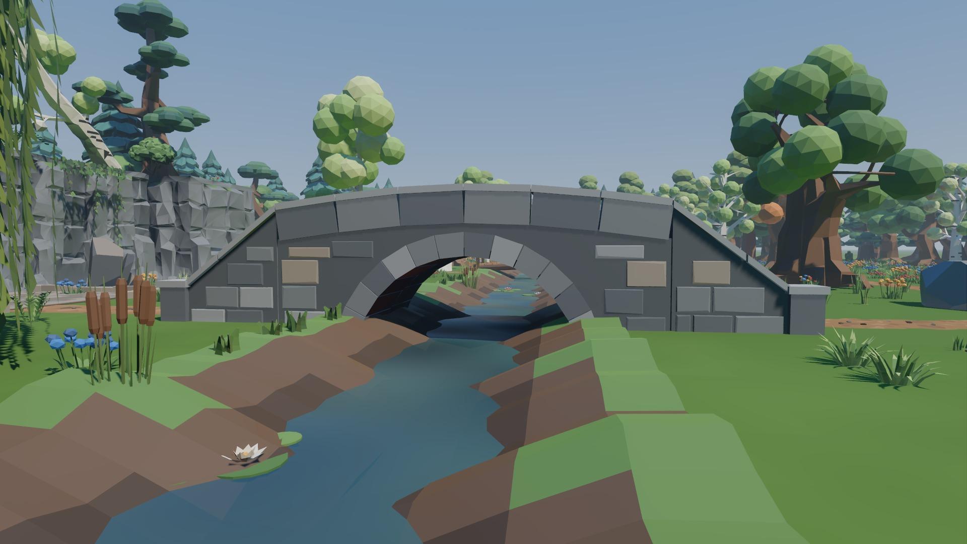 A stream running under a stone arch bridge, between grassy banks with cattails and a water lily.