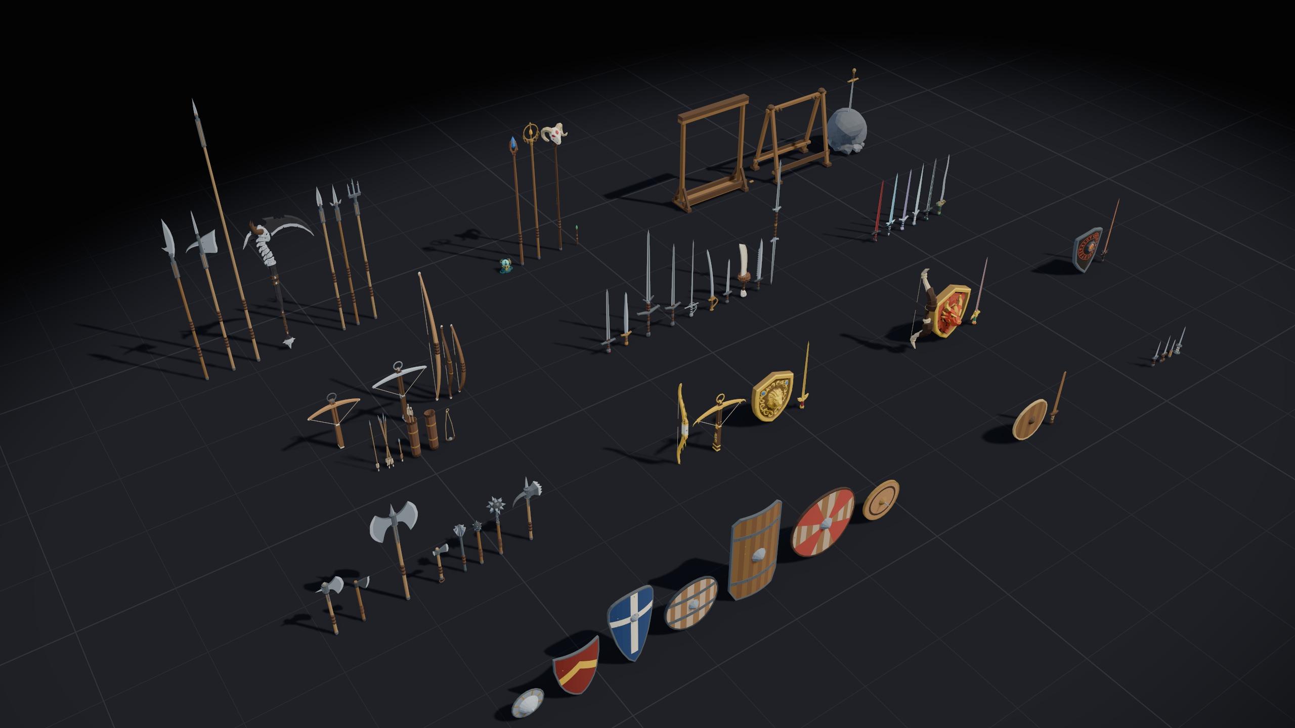 All 73 models standing in groups on a dark floor: polearms, staves and racks at the back; bows, crossbows, swords and the dragon and demon sets in the middle; and axes, maces, the golden set and a row of shields at the front.