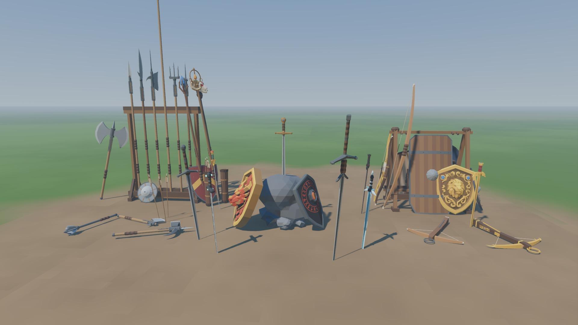 An armoury yard on bare earth: polearms in a wooden rack, a sword in a stone between the dragon and demon shields, swords stuck in the ground, and a shield rack with a tower shield, a longbow and the golden lion shield.