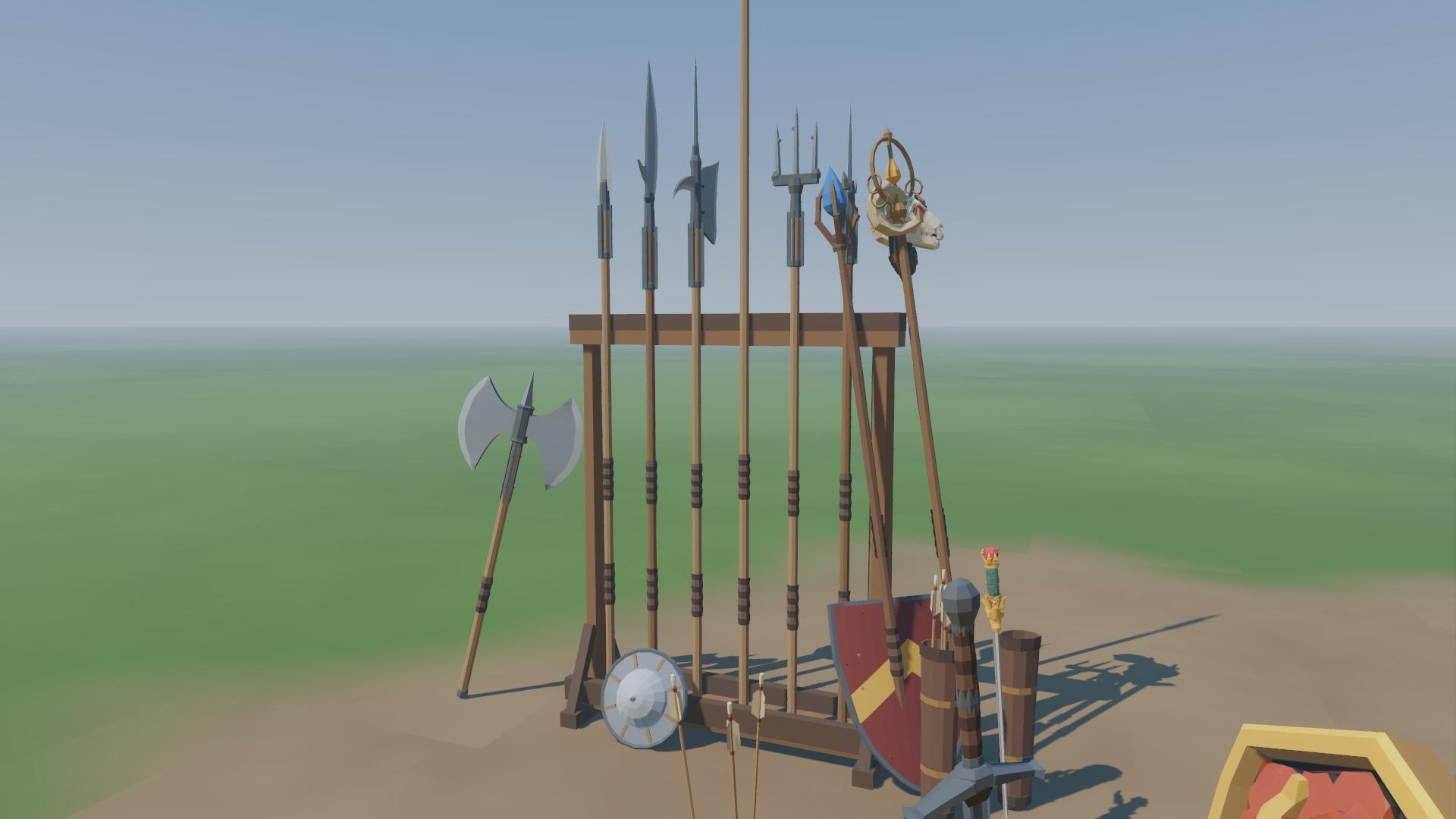 Spears, a glaive, a halberd, a pike and a trident standing in a wooden rack, with two staves leaned against it, a great axe beside it, and a buckler, a heater shield and quivers at its foot.