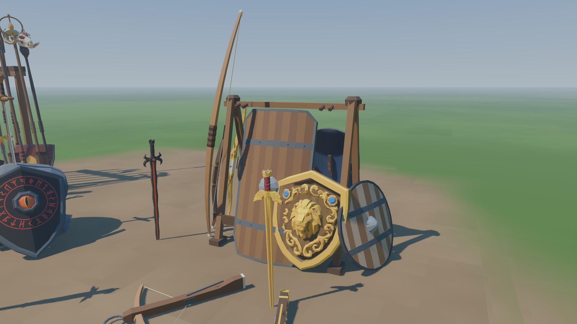 A tower shield, the golden lion shield and a round shield leaned against a shield rack, with a longbow and the golden bow behind them, the golden sword stuck in the ground in front, and the demon sword and shield to the left.